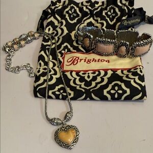 Brighton Vintage Pink Leather and Silver Heart Necklace with Matching Bracelet